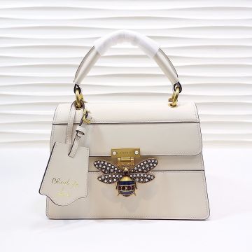  Gucci Queen Margaret White Calfskin Leather Pearl Bee Pattern Flap Closure Detachable Keyholder Striped Strap Ladies Tote Bag