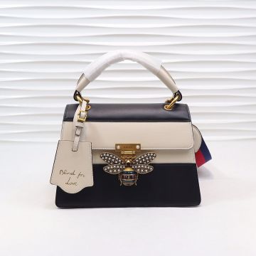 Fake Gucci Queen Margaret Black-White Cowhide Leather Golden Bee Mark Flap Closure Canvas Strap Female Trapezoid Handle Bag