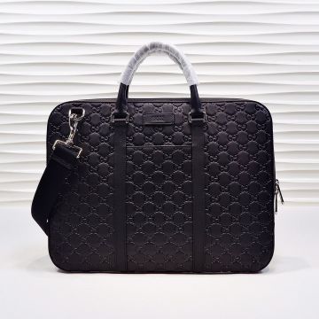 Fake Gucci GG Embossed Leather Two Handles Silver Detail Strip Ornament Canvas Strap Black Briefcase Men Valentine Gift 