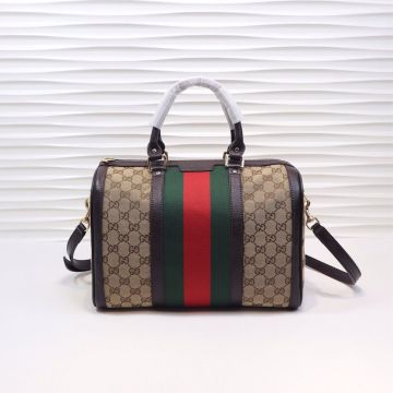 Fake Gucci Red-Green Web Embroidery Bee Rivets Detail Brown GG Canvas Double Zipper Leather Trim Unisex Boston Bag 