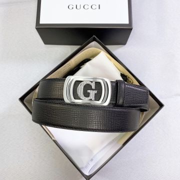 High Quality Gucci G Design Silver Square Automatic Sliding Buckle Men Black Leather 3.5CM Business Belt  Online