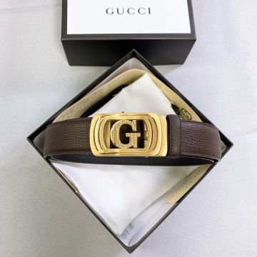 Top Sale Gucci Brown Leather 3.5CM Strap G Motif Yellow Gold Square Automatic Buckle Leisure Belt For Men