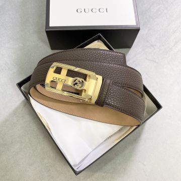 Top Styles Gucci Shiny Yellow Gold Rectangle GG Detail Automatic Buckle Brown Grainy Leather 35MM Men Belt