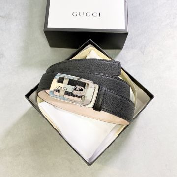Unique Model Gucci Men Black Grainy Leather 3.5CM Belt Shiny Silver GG Square Automatic Buckle Business Belt