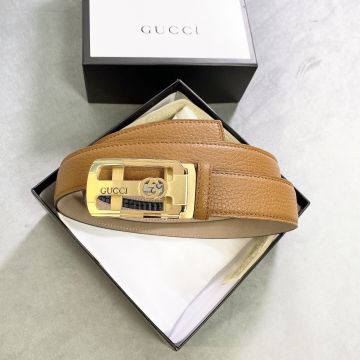 Top Sale Gucci Coffee Textured-leather Strap Yellow Gold Plated Square GG Automatic Sliding Bucke Fake Belt For Men