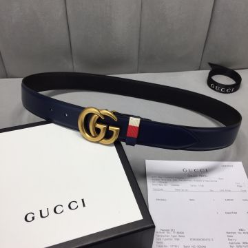 Low Price Gucci Marmont Brass Double G Buckle Smooth Leather Web Loop Detail Men Leisure Belt Black/Dark Bule 35mm