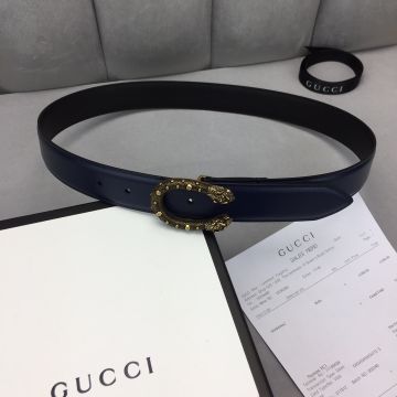 Cheapest Gucci Dionysus 3.5CM Navy Blue Calfskin Leather Strap C-Shaped Tiger Pin Buckle Men Belt For Sale Silver/Brass