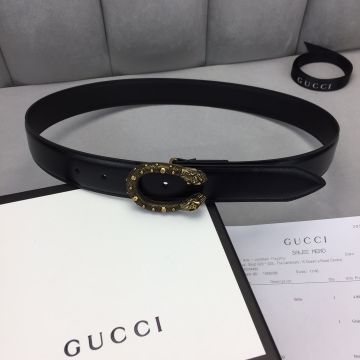 2022 Fashion Gucci Dionysus Studs Detail Silver/Brass Tiger Pin Buckle Black Smooth Leather 3.5CM Leisure Belt For Men Online Replica