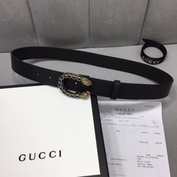 Top Sale Gucci Luxury Crystal Dionysus Motif  Silver/Brass Tiger Pin Buckle Black Calfskin Leather 3.0CM Fake Belt For Ladies