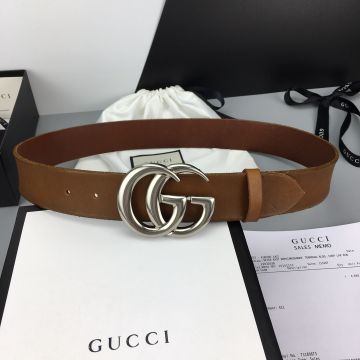 High End Gucci Marmont Double G Buckle Brown Calfskin Leather 4CM Fashion Belt For Men Silver/Brass UK