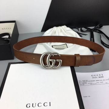 2021 New Gucci Calfskin Leather 3CM Strap Marmont Motif Antique Silver/Brass Double G Buckle Belt For Men