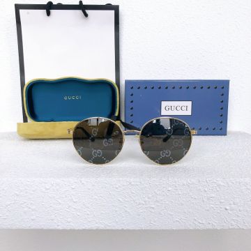 Latest Gucci Interlocking G Printing Brown Lens Round Yellow Gold Frame Unisex Superlight Metal Temples Eyewear