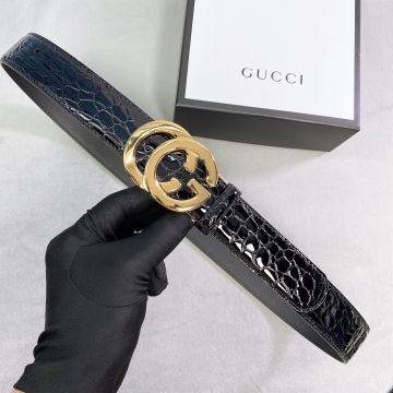 Men's New Gucci Black Patent Leather Crocodile Skin Pattern Double G Automatic Buckle Business Belt For Man Silver Gold