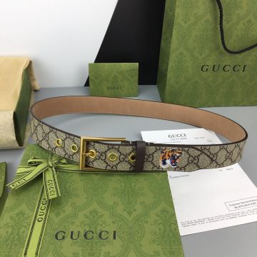 2022 New Gucci Brass Square Buckle GG Supreme Pattern Tiger Printing Detail Men Beige Canvas 4CM Belt  Online