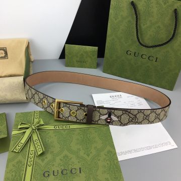 Hot Selling Gucci Men Fashion Bee Printing GG Supreme Motif Brass Beige Canvas & Brown Leather Brass Square Buckle Belt 4CM