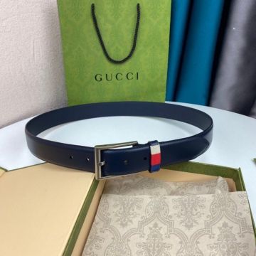 Best Gucci Silver/Brass Square Pin Buckle Red/Blue/White Web Detail Male Navy Blue Calfskin Leather Belt 4CM