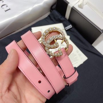 Gucci Sweet Style Maomont Pink Smooth Leather 2CM Strap Big Pearls Design Double G Brass Buckle Waist Belt For Girls