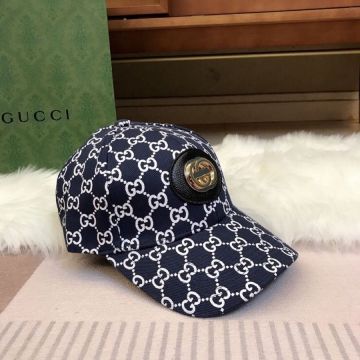 2022 Gucci Interlocking G Brass Detail Black Leather Patch GG Supreme Blue/White Fabric Baseball Cap For Men & Women 
