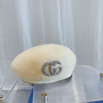 Gucci Luxury Twinkling Silver GG Logo Design Crystal Motif Loop & Edge Female Woolen Beret White/Black/Beige