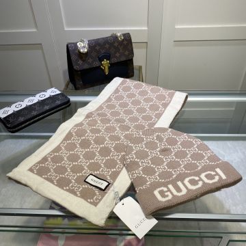 Winter Fashion Gucci Big Letter Logo Pattern Check Motif Women & Men GG Knit Wool Hat & Scarf  Combo Tan/Blue/Black/Pink