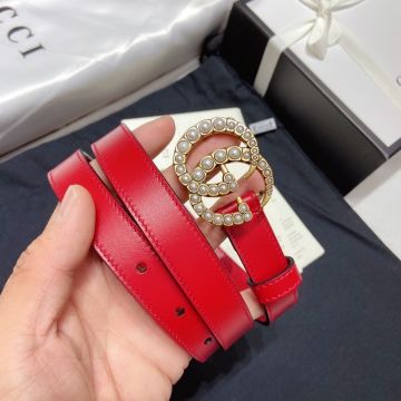 2022 New Gucci White Pearls Detail Double G Brass Marmont Buckle High End Red Genuine Leather Fashion Belt 2CM 