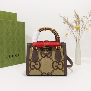  Gucci Diana GG Patterned Canvas Bamboo Handles Red Decorative Belt Adjustable Strap Mini Tote Bag For Ladies
