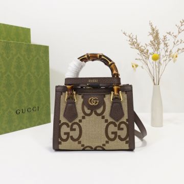 Best Site Double Bamboo Handle Brown Leather Belt GG Pattern Canvas Gucci Diana Bags-Clone Gucci Mini Tote For Female