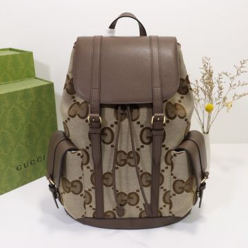  Gucci Men'S Jumbo GG Pattern Canvas Brown Leather Flap Design Red-Green Web Shoulder Strap Backpack 