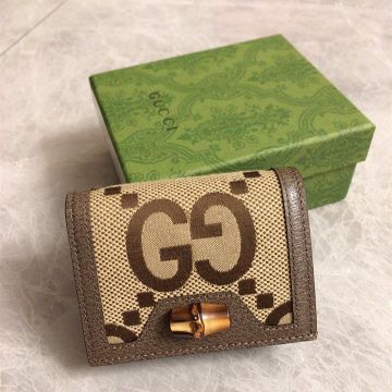 Copy Gucci Diana Jumbo GG Canvas Bamboo Detail Snap Closure Brown Leather Trim Card Case 658244 UKMBT 2572