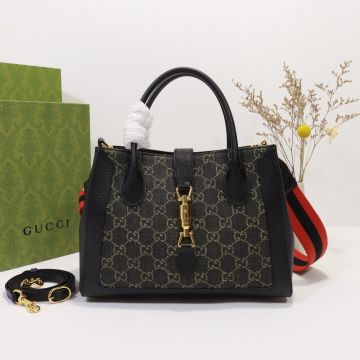 Classic GG Denim Jacquard Black-Orange Web Piston Closure Gucci Jackie 1961 Tote Bag—Fake Gucci Ladies Crossbody Bag