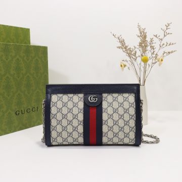 Best Quality GG Canvas Blue-Red Web Magnet Closure Silver Chain Ophidia Small Shoulder Bag—Faux Gucci Women'S Classic Handbag