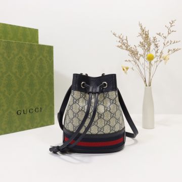 Copy Gucci Ophidia Beige Mini GG Canvas Brown Leather Trim Green-Red Web Stripe Drawstring Closure Women'S Bucket Bag ‎