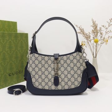 Copy Gucci Jackie 1961 Collection Beige Supreme Canvas Leather Trim Open Push Lock Ladies Small GG Shoulder Bag