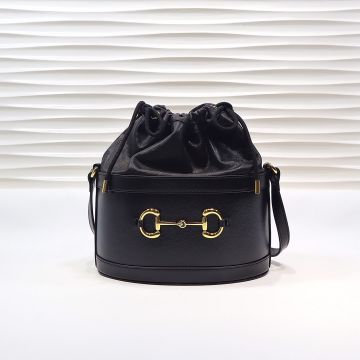 Replica Gucci 1955 Horsebit Black Leather Drawstring Closure Double Loop Gold Hardware Leather Strap Bucket Bag For Women