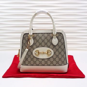 Fake Gucci Horsebit 1955 Beige Canvas GG Web White Leather Trim Long Zip Closure Double Handle Design Ladies Small Tote Bag 640716 92TCG 9761