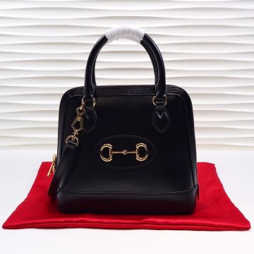 Recreated Gucci Horsebit 1955 Black Leather Zip Closure Dome Handle Nylon Shoulder Strap Ladies Small Tote Bag 621220 0YK0G 1000