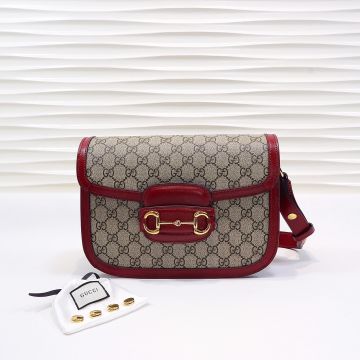 ‎Fake Gucci Horsebit 1955 Red Leather Trim  Ebony GG Canvas Look Flap Design Women‘S Shoulder Bag 602204 92TCG 8561