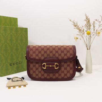 Good Review Beige-Burgundy Original GG Canvas Leather Trim Gold Accessories Horsebit 1955 Handbag—Replica Gucci Women'S Sexy Shoulder Bag