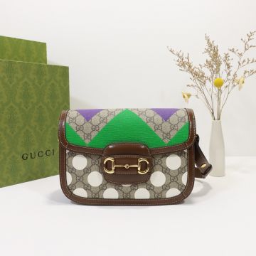 Hot Selling Beige Canvas Leather Trim Irregular Colorful Geometric Print Horsebit 1955 Shoulder Bag—Clone Gucci Women'S Chic Shoulder Bag