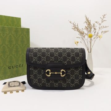 High End Black-Ivory GG Denim Jacquard Glossy Gold Hardware Flap Horsebit 1955 Shoulder Bag—Imitated Gucci Women'S Cool Shoulder Bag