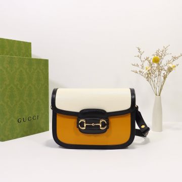 Discounted White Yellow Contrast Design Black Leather Trim Gold Hardware Horsebit 1955 Shoulder Bag—Replica Gucci Elegant Women'S Shoulder Bag