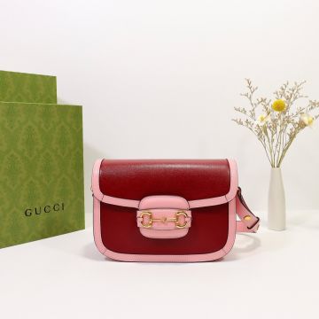 Fake Gucci Horsebit 1955 Pink Leather Look Light Trim Gold Hardware Decorated Ladies Cute Style Flap Shoulder Bag
