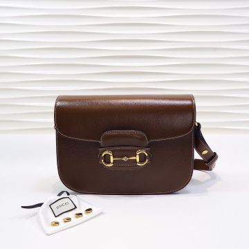 Top Sale Brown Textured Leather Flap Design Gold Detail Horsebit 1955 Shoulder Bag—Fake Gucci Women'S Vintage Elegant Bag