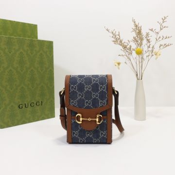 Fake Gucci Horsebit 1955 Collection Blue-Ivory GG Denim Jacquard Brown Leather Gold Accessories Women'S Mini Bag