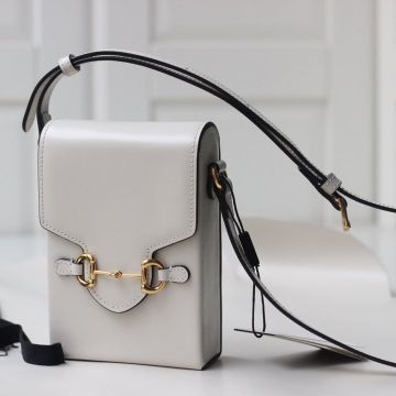 Fake Gucci Horsebit 1955 Collection White Leather Black Edge Gold Hardware Magnetic Flap Design Women'S Mini Bag