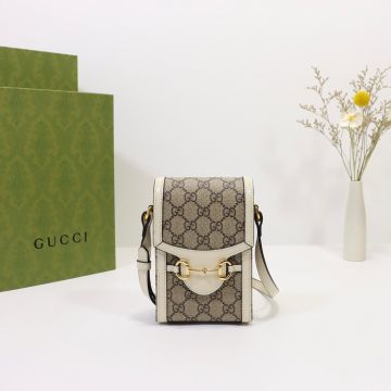 Chic Beige Canvas White Leather Trim Flap Horsebit 1955 Mini Bag In—Imitated Gucci Ebony GG Pattern Women'S Shoulder Bag
