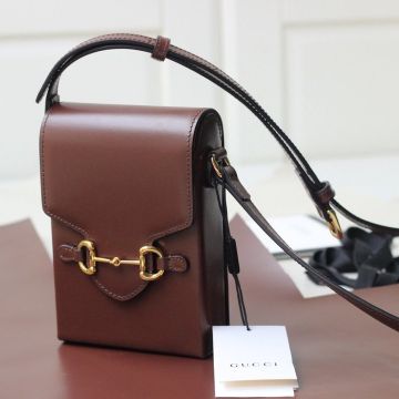 Best Website Full Brown Leather Look Gold Hoop Flap Design Horsebit 1955 Mini Bag—Clone Gucci Fashion Handbag For Ladies