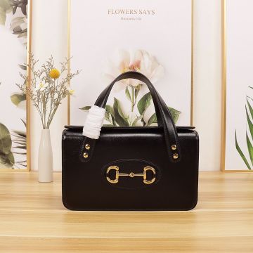 Best Quality Luggage Shape All Black Leather Look Flap Magnetic Buckle 1955 Horsebit—Replica Gucci Small Tote Bag For Women