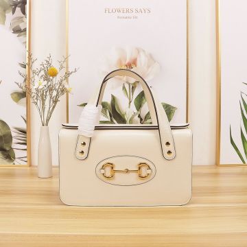 Clone Gucci 1955 Horsebit Women'S White Leather Double Handle Flap Magnetic Open Rectangle Classic Ladies Small Tote Bag
