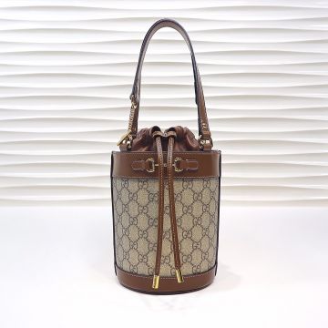 Discounted Beige Canvas GG Web Pattern Double Handles Brown Leather Trim Horsebit 1955—Fake Gucci Chic Bucket Bag For Female
